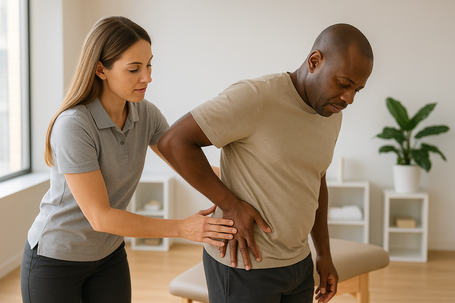 Physiotherapist assessing low back pain for a Markham patient